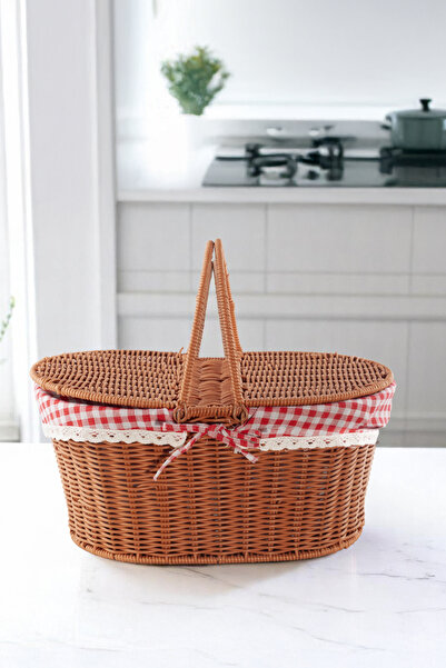 Vadi Oval Rattan Piknik Sepeti – Kapaklı, Kulplu, Ekoseli Kumaşlı, Şık Ve Dek...