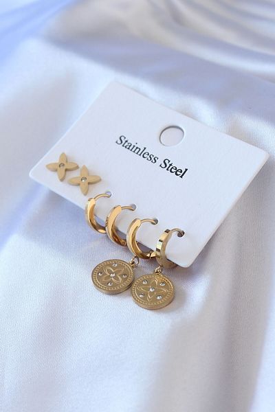 Skygo 316L Steel Gold Color Zircon Stone Detail Flower Embroidered Women's Earring Set - TJ-BKP7709
