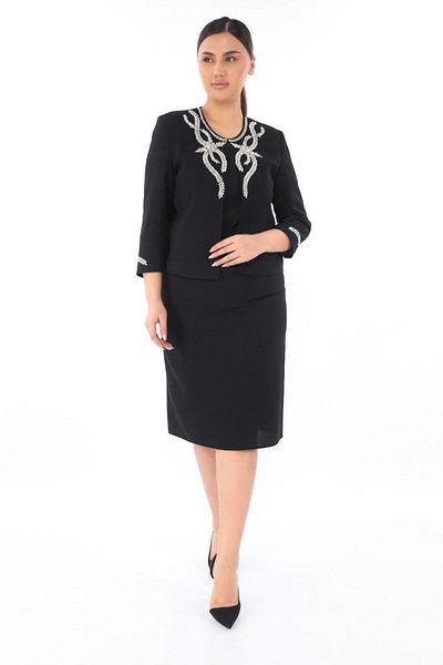 MİSS DİAMOND Black Short Skirt Triple Suit with Stone Detail on Collar and Sleeve