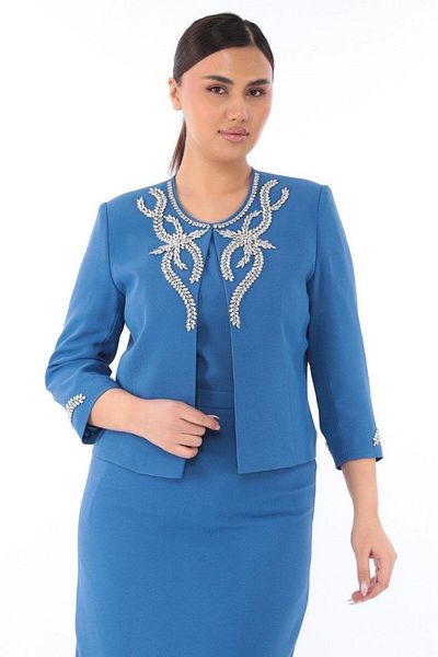 MİSS DİAMOND Blue Short Skirt Three Piece Suit with Stone Detail on Collar and Sleeve
