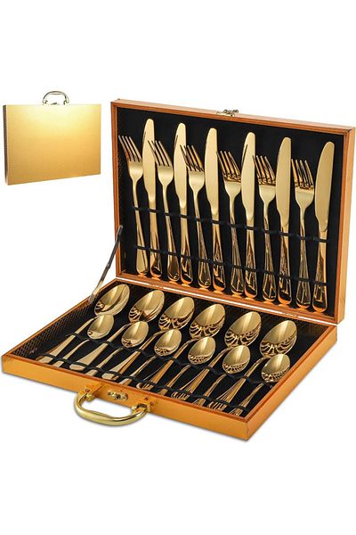 Lumely 24-Pieces Gold Silverware Flatware Set, With Fork Spoon knife, Durable, Cutlery Set for 6 People