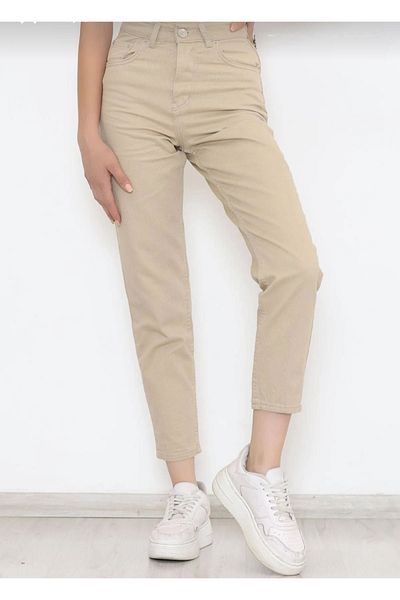 JAXEN Flora Γυναικεία Κρέμα Ψηλόμεση Lycra Mom Jeans Τζιν παντελόνι
