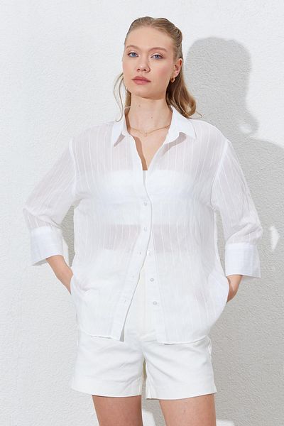 TENA Women's Ecru Low Sleeve Striped Basic Shirt