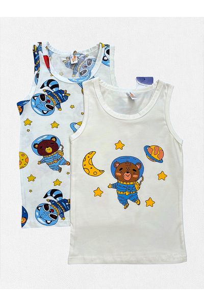 elmas kids Boy's 100% Cotton White Color Astronaut Space Teddy Bear Pattern 2-Piece Undershirt Set