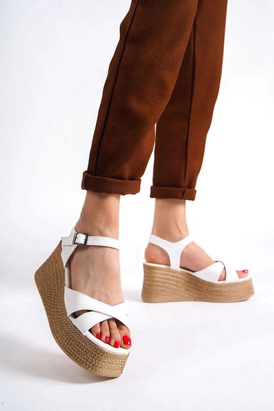 sefayol White Matte Leather Wedge Heeled Women's Shoes - Berdine