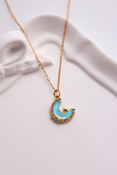 EFBUTİK Gold Color Chain with Stone Blue Moon Imported Necklace