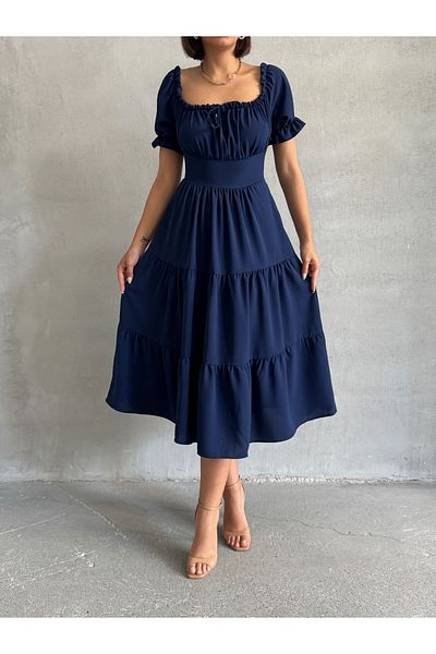 BEJNA Marineblaues, dehnbares Damenkleid mit gerafftem Ausschnitt
