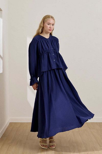 Ceylan Otantik Navy Blue Muslin Blouse & Balloon Skirt Set