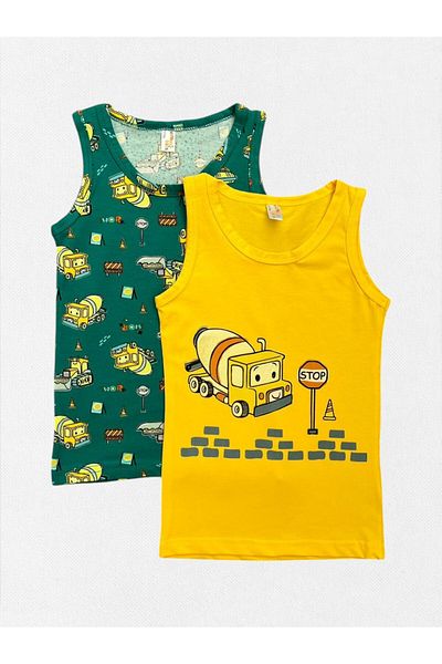 elmas kids Boy's 100% Cotton Yellow Green Color Truck Bucket Concrete Mixer Pattern 2-Piece Undershirt Set