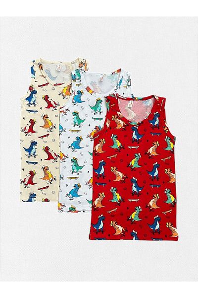 elmas kids Boy's 100% Cotton Red White Beige Color Dinosaur Skateboard Patterned 3-Piece Undershirt