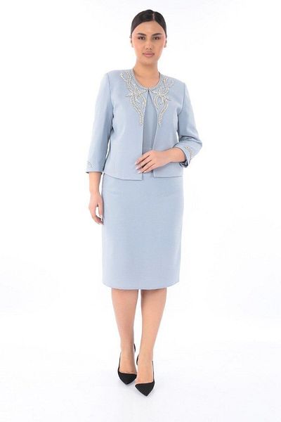 MİSS DİAMOND Gray Short Skirt Triple Suit with Stone Detail on Collar and Sleeve