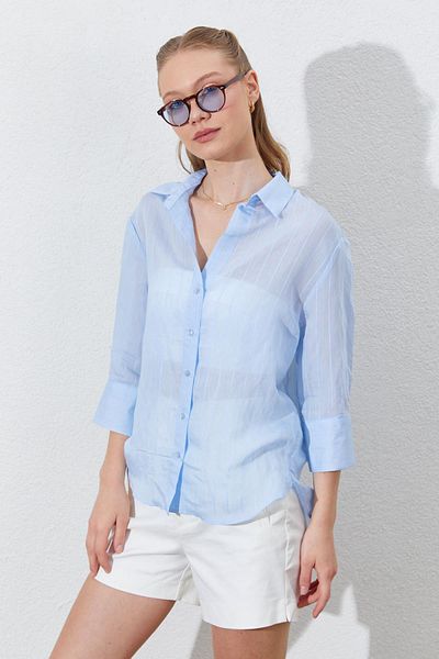 TENA Women's Blue Low Sleeve Striped Basic Shirt