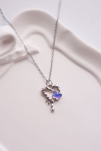 EFBUTİK Silver Color Chain Heart Butterfly Imported Necklace