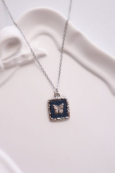 EFBUTİK Silver Color Chain Square White Butterfly Imported Necklace