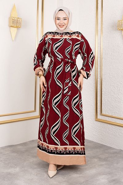Tesettür Dünyası Rochie din viscoză cu model trandafiri TSD250178 Roșu Claret