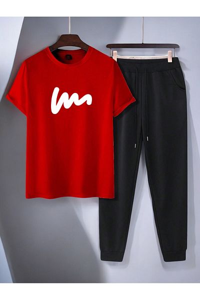 uyguntarz Unisex W Text Design Printed Tshirt Tracksuit Set