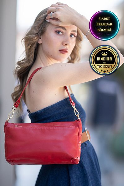 CüzCan Paris Red 3 Zippered Genuine Leather Women's Crossbody and Shoulder Bag