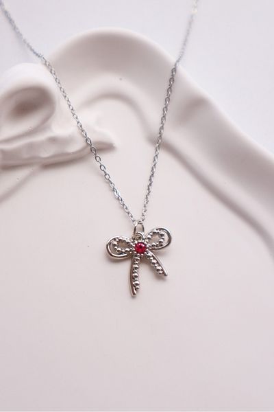 EFBUTİK Silver Color Chain Bow Imported Necklace