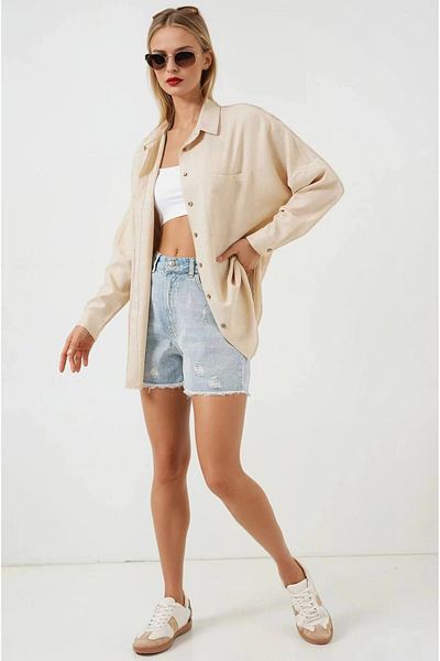 hazelin Γυναικείο λινό πουκάμισο μπεζ Oversize με διπλή τσέπη HZL22S-BD1201261