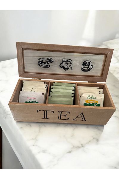 AHİR TİCARET 3 Compartment Bamboo-Wooden Lid Tea Box