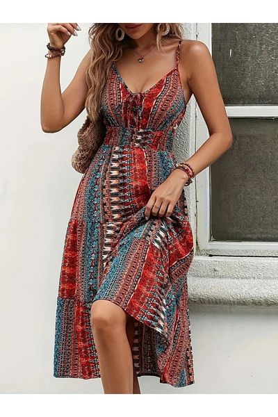 JANES Women's Rope Strap V-Neck Lace-Up Elastic Waist Patterned Single Jersey Dress