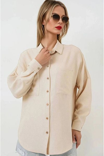 hazelin Γυναικείο λινό πουκάμισο μπεζ Oversize με διπλή τσέπη HZL22S-BD1201261