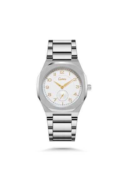 catera Men's silver steel watch with yellow numbers