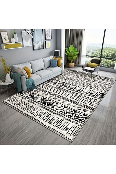 Primo Plus Warm Luxurious Modern Printed Rectangular Anti-Slip Carpet Polypropylene Beige/Black 140x202cm