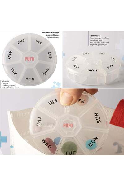 PUFO Round box for organizing medicines, vitamins or supplements for a week, Pufo Pill, 9 cm, transparent