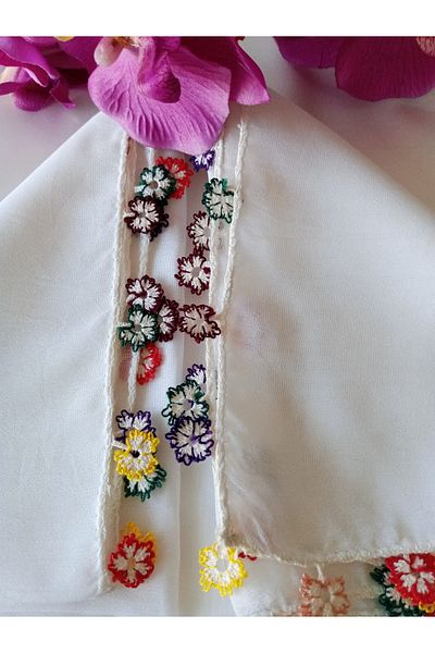 Pervin Ablacım Colorful Crochet Edging to White Crepe Edge Handmade