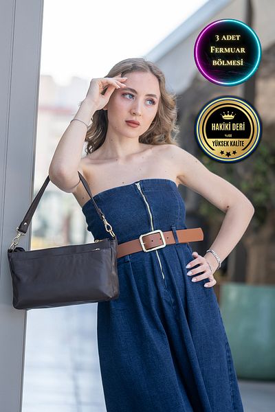 CüzCan Paris Brown 3 Zippered Genuine Leather Women's Crossbody and Shoulder Bag
