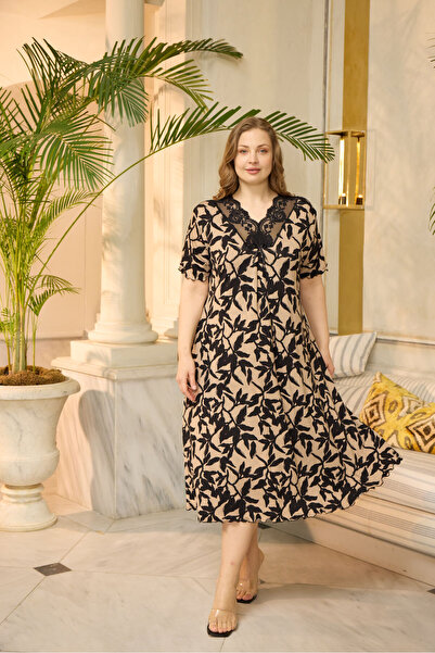 Miss Meryem Yaprak Desenli Bej Ring Viskon Kısa Kol Elbise