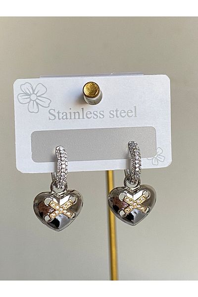 Çelik Heart Steel Earring with Zircon Stone