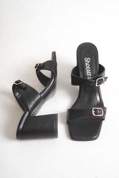 Shoesers Women's Special Design Thick Heeled Double Banded Buckle Black Daily Heeled Slippers