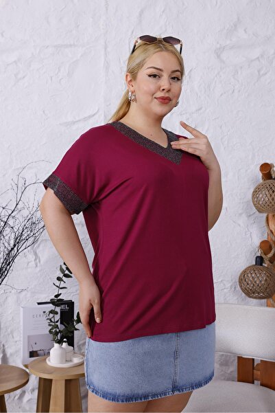 Siyezen Large Size V-Neck Collar Sleeves Glitter Blouse