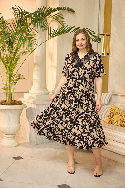 Miss Meryem Yaprak Desenli Bej Ring Viskon Kısa Kol Elbise