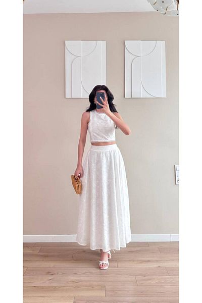 LOCH BUTİK Women's White Guipure Detailed Skirt Suit