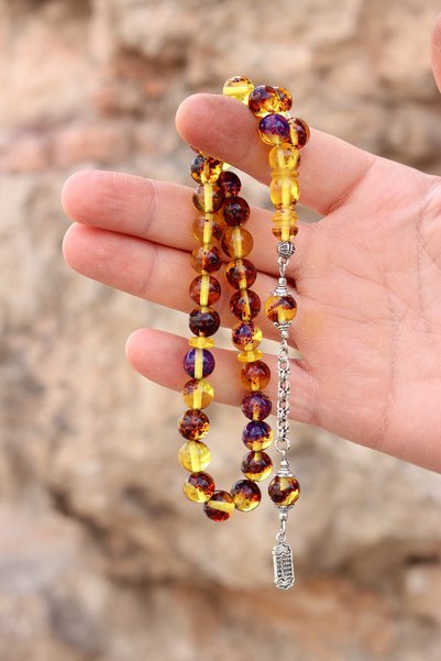 Midyat Nurtaş Gümüş Yellow Black Fossil Alpaca Tasseled Sphere Cut Powder Amber Prayer Beads 201024093