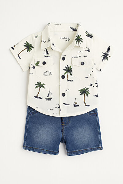 Mini Kids Baby Baby Boy Palm Tree Patterned Shirt Jean Shorts Set
