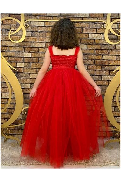 Zey Baby Red Waist Sequin Detailed Full Length Children's Evening Dress Show and Party Dress