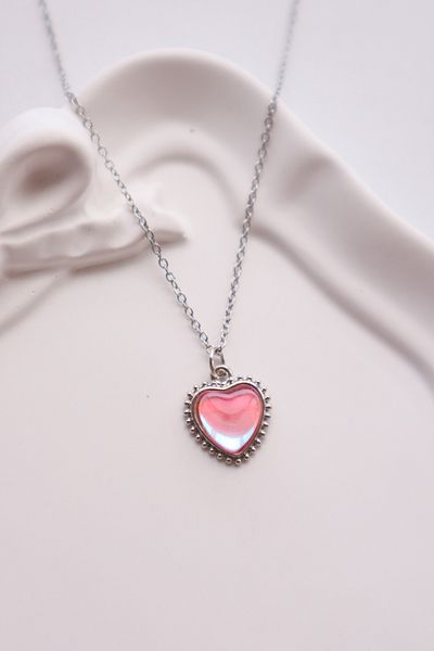 EFBUTİK Y2K Pink Pentagram Heart Imported Necklace with Silver Color Chain