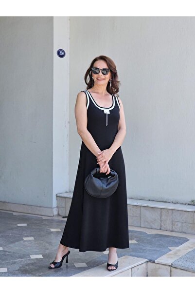 Felix Butik FELİX13681 Askılı Beyaz Şeritli Yandan Yırtmaçlı Siyah Elbise