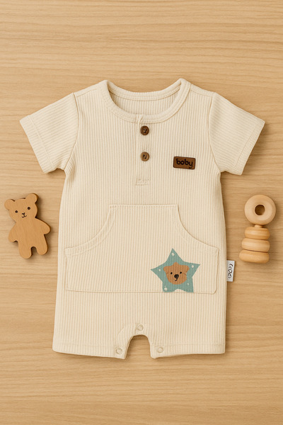 Mini Kids Baby Erkek Bebek Waffle Kumaş Petek Dokulu Kanguru Cepli Düğmeli Tulum