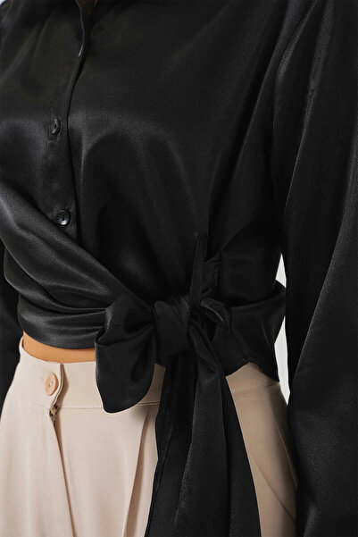 hazelin Women's Black Satin Surface Shirt with Binding Detail Hzl25S-Bd1202871