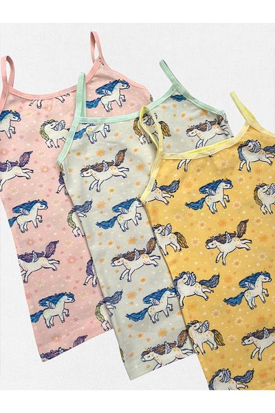 elmas kids Girl's 100% Cotton Thin Strap Green Yellow Pink Color Winged Horses Heart Patterned 3-Piece Undershirt
