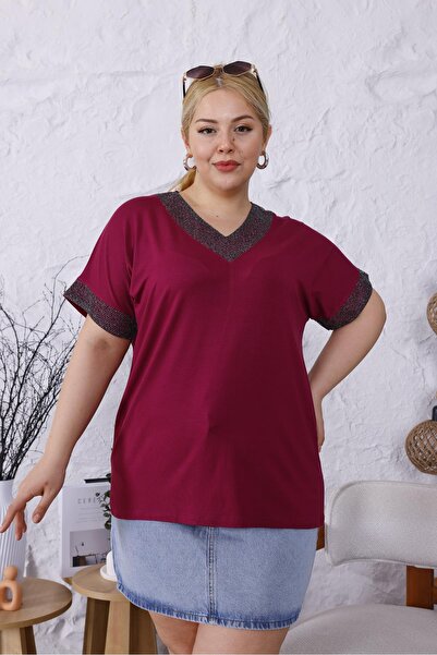 Siyezen Large Size V-Neck Collar Sleeves Glitter Blouse