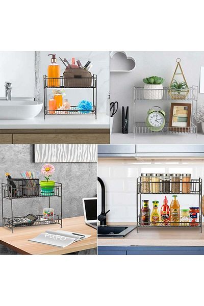 KMT Multifunctional metal shelf with 2 levels for storage and organization in the kitchen or bathroom