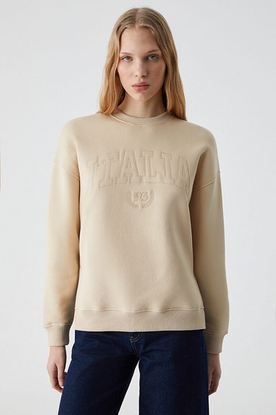 GRIMELANGE Ricenni Women's Crew Neck Oversize Stone Color Sweatshirt