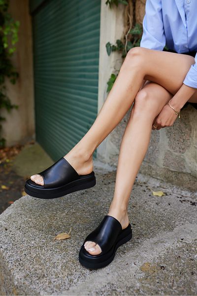 ANGELİNA JONES Maxim Women's Black Real Leather Slippers