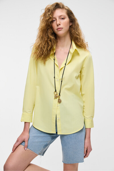 GRIMELANGE DELFINO Kadın Oversize %100 Organik Pamuk Uzun Kollu İnce Uzun Sarı Gömlek